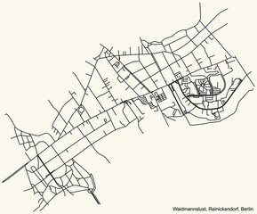 Black simple detailed city street roads map plan on vintage beige background of the neighbourhood Waidmannslust locality of the Reinickendorf of borough of Berlin, Germany