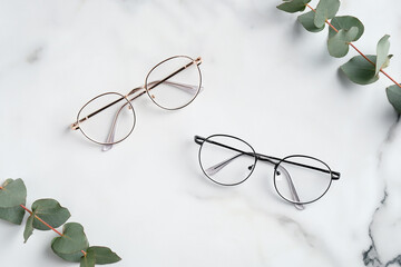 Women's glasses and eucalyptus leaves on marble table top view - obrazy, fototapety, plakaty
