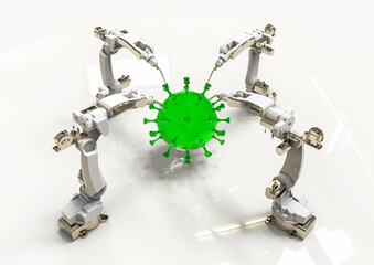 3D render image representing a virus being manipulated by robots and computers