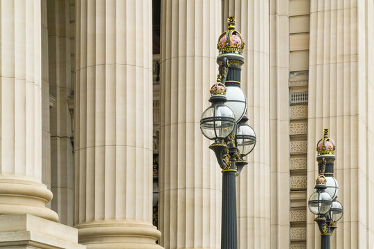 Ornate lights and columns on Parliament House in Melbourne