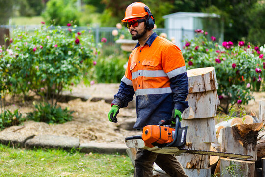 Tradie workman with chainsaw in garden