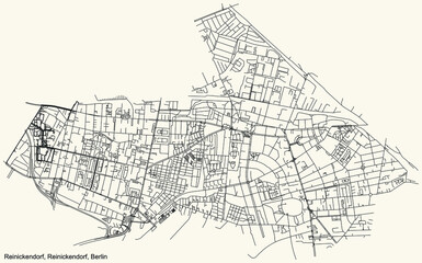 Black simple detailed city street roads map plan on vintage beige background of the neighbourhood Reinickendorf locality of the Reinickendorf of borough of Berlin, Germany