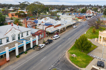 Aerial streetscape of a regional town with historic buildings and old shop fronts