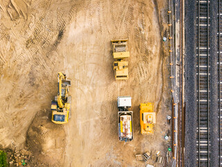 Aerial view of earthmoving machinery on a construction site
