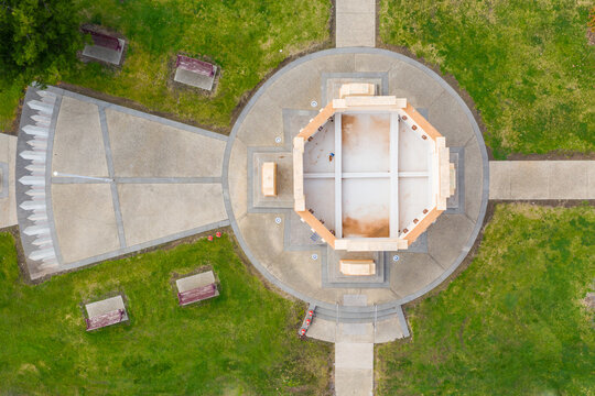 Aerial view a grand soldier's memorial in the streets of a regional town