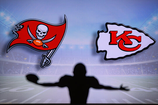 TAMPA BAY, USA, JANUARY, 25. 2021: Super Bowl LIV, the 55th Super Bowl 2020, Kansas City Chiefs vs. Tampa Bay Buccaneers. American football match, silhouette of player with open arms. NFL Final