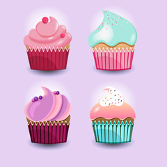 Colorful delicious cupcake set. Vector illustration of cute home made cupcake