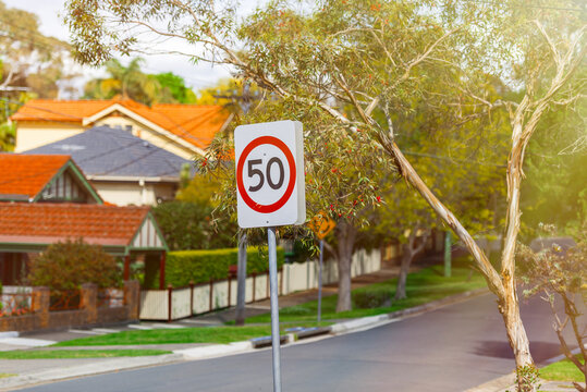 Fifty speed limit sign in suburbia