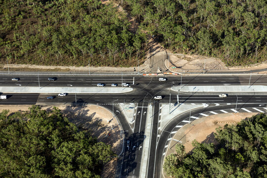 Aerial view of new roads surrounded by bushland