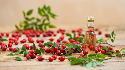 Small bottle of rosehip oil on wooden table horizontal. Liquid from little red berries with fruit and leaves around on the table with copy space.