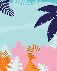 Fototapeta na wymiar tropical leaves frame over blue background, background for stories