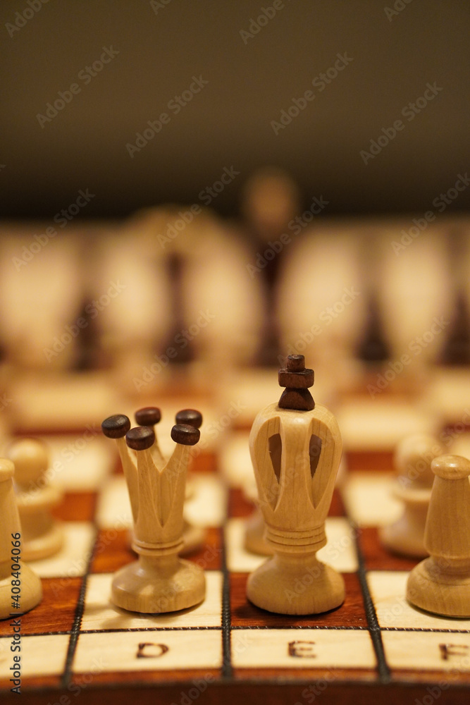 Canvas Prints Vertical shot of a chessboard with the focus on a white's queen and king