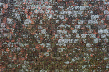 Romanian old roof tiles texture with lichens due to humid climate