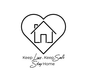 Love Home Logo. Black Linear Style Heart and House Icon Combination. Usable for Building and Health Care Logos. Flat Vector Logo Design Template Element. Stay Home. Keep Safe