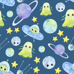 Cute cartoon universe. Space travel. Seamless pattern.Sun, planets, comets, aliens, rockets, stars on a blue background.