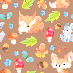 Cute cartoon harvesting. Autumn forest. Seamless pattern. Wild animals. Fox, hare, mushrooms, pumpkin, leaves, berries, flowers.