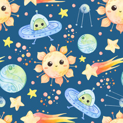 Cute cartoon universe. Space travel. Seamless pattern.Sun, planets, comets, aliens, rockets, stars on a blue background.