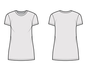 T-shirt dress technical fashion illustration with crew neck, short sleeves, mini length, oversized, Pencil fullness. Flat apparel template front, back, grey color. Women, men, unisex CAD mockup