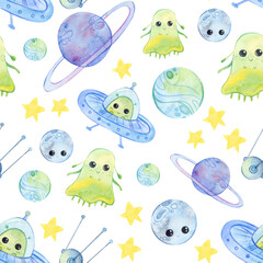 Cute cartoon universe. Space travel. Seamless pattern.Sun, planets, comets, aliens, rockets, stars on a white background.