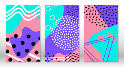Obraz premium Set of doodle fun patterns. Hipster style 80s-90s. Memphis elements. Fluid pink, blue, yellow colors.