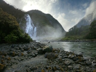 Waterfall in Milford Sound, NZ