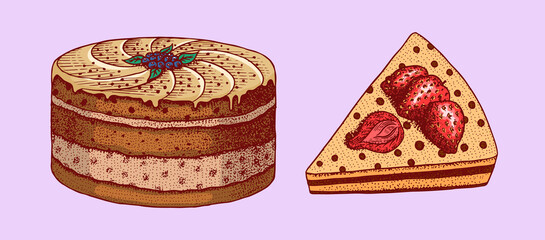 Birthday cake. Fruit dessert or tart. Hand drawn bakery product. Celebratory Sweet Food. Vintage engraved sketch. Vector illustration for a banner or menu of a cafe and restaurant.