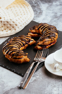 A variety of sweet homemade desserts on a light marble backgroun
