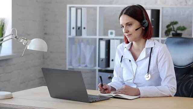 Female doctor wearing white coat consulting patient remote online using headset and web camera on laptop. Giving recommendations treatment prescription.Telemedicine,remote healthcare services concept