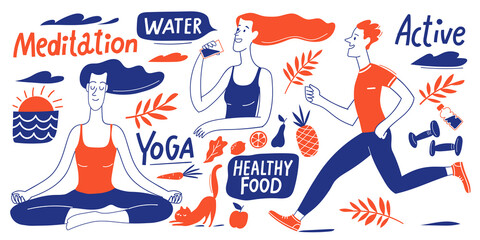 Healthy lifestyle vector design with people, elements and lettering