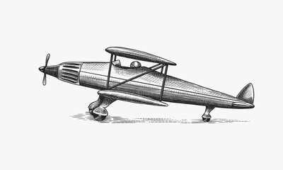 Passenger airplane corncob or plane aviation travel illustration. Engraved hand drawn in old sketch style, vintage transport. © artbalitskiy