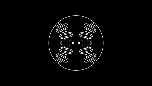 White line Baseball ball icon isolated on black background. 4K Video motion graphic animation