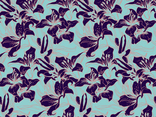 Exotic Black Wild Lily Flower, buds, silhouettes and Leaves botanical seamless pattern drawn by hand with solid fill background. Contemporary Home textile, wallpaper, fabric, package.