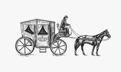 Fototapeta na wymiar Horse carriage. Coachman on an old victorian Chariot. Animal-powered public transport. Hand drawn engraved sketch. Vintage retro illustration.