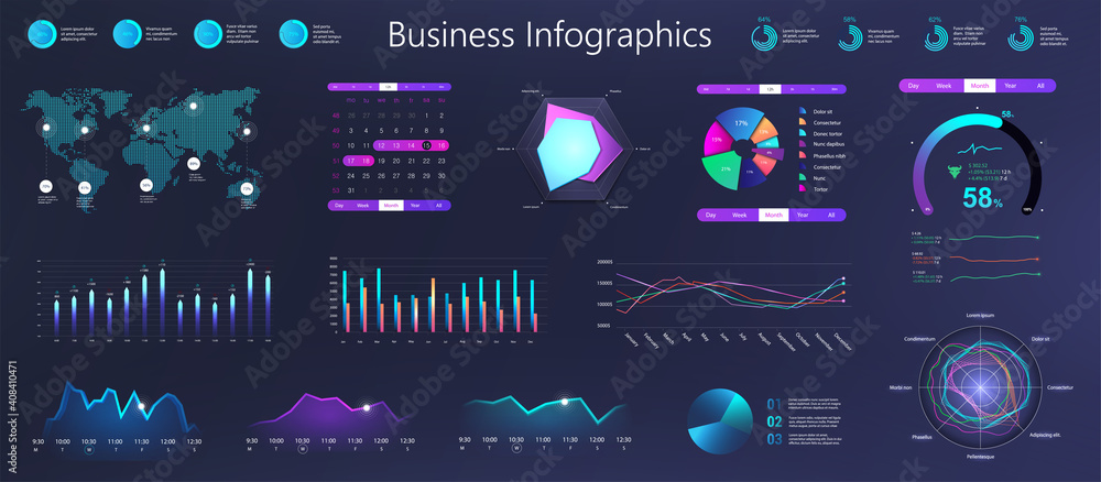 Aufkleber Workflow graphics, charts and diagrams. Dark gradient infographic for business information marketing presentation. Neon business infochart elements. Workflow for Mobile App UI, UX, KIT. Vector set