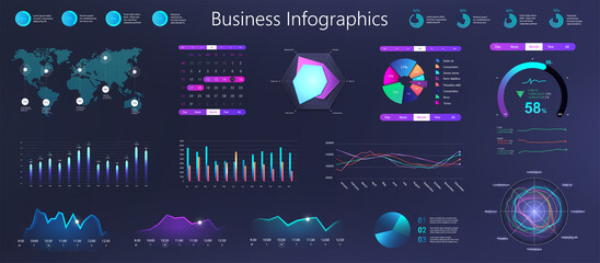 Workflow graphics, charts and diagrams. Dark gradient infographic for business information marketing presentation. Neon business infochart elements. Workflow for Mobile App UI, UX, KIT. Vector set