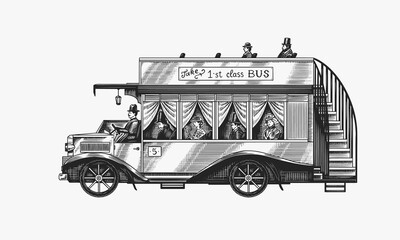 Vintage bus with tourists. Two-story old retro transport. British sightseeing car. Monochrome retro style. Hand drawn engraved sketch © artbalitskiy