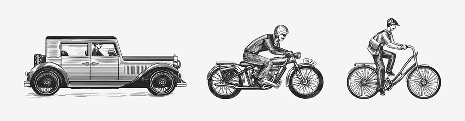 Motorcycle for biker club templates. Bicycle and bike. Car or auto. Vintage custom label badge. Fire racer for t shirt. Monochrome retro style. Classic sport motorbike. Hand drawn engraved sketch