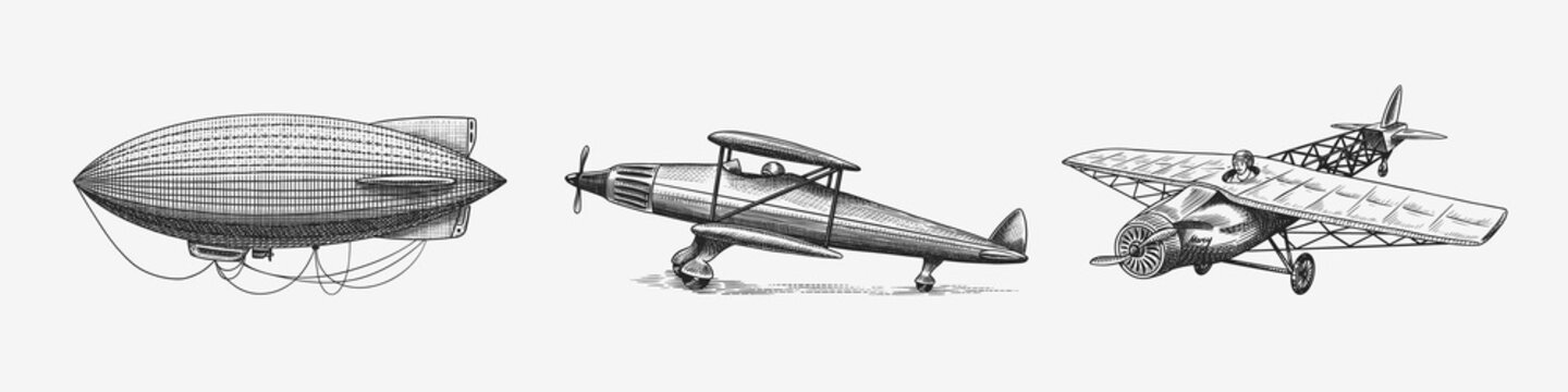 Passenger airplane corncob or plane aviation. Airship or zeppelin and dirigible or blimp. Travel illustration. Engraved hand drawn in old sketch style, vintage transport.