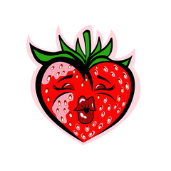 A strawberry in the shape of a heart sends a kiss. Valentine's Day sticker.