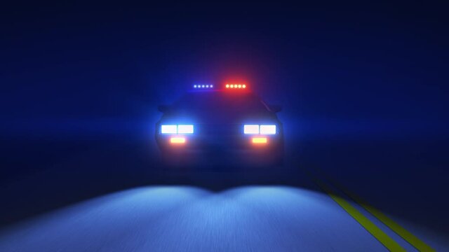 Police car driving on midnight highway, autobahn. Cop transport. Glowing Emergency response. Red and blue lights, flashers. Dynamic light leaks, lens flare effect. Night time. Speed pursuit. 3D Render