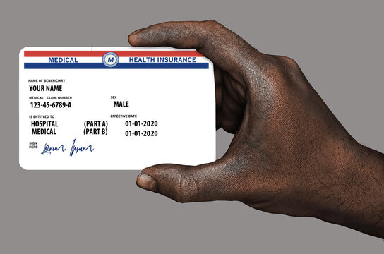 A generic mock national health insurance card is held in the hand of an African-American in this illustration about Medicare health insurance.
