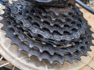 bicycle rear derailleur sprockets close-up, speed bike, mtb, mountain bike, replacement, repair,...