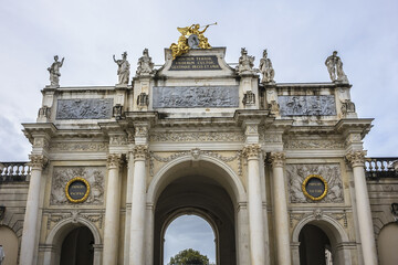 Fototapeta na wymiar Architectural fragment of The Arc Here (XVIII century) - a triumphal arch between Place Stanislas and Place de la Carriere in Nancy, France. A World Heritage Site.