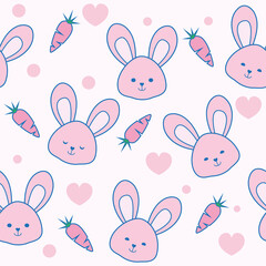 Cute bunnies seamless pattern vector. Rabbits and carrots cartoon style illustration for baby and kids background.