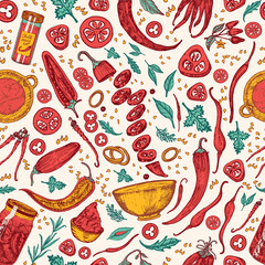 Red hot chili peppers. Seamless pattern in vintage style. Salad ingredients. Farm vegetable banner or poster. Vector illustration. Hand drawn engraved retro sketch. Background for restaurant menu - obrazy, fototapety, plakaty
