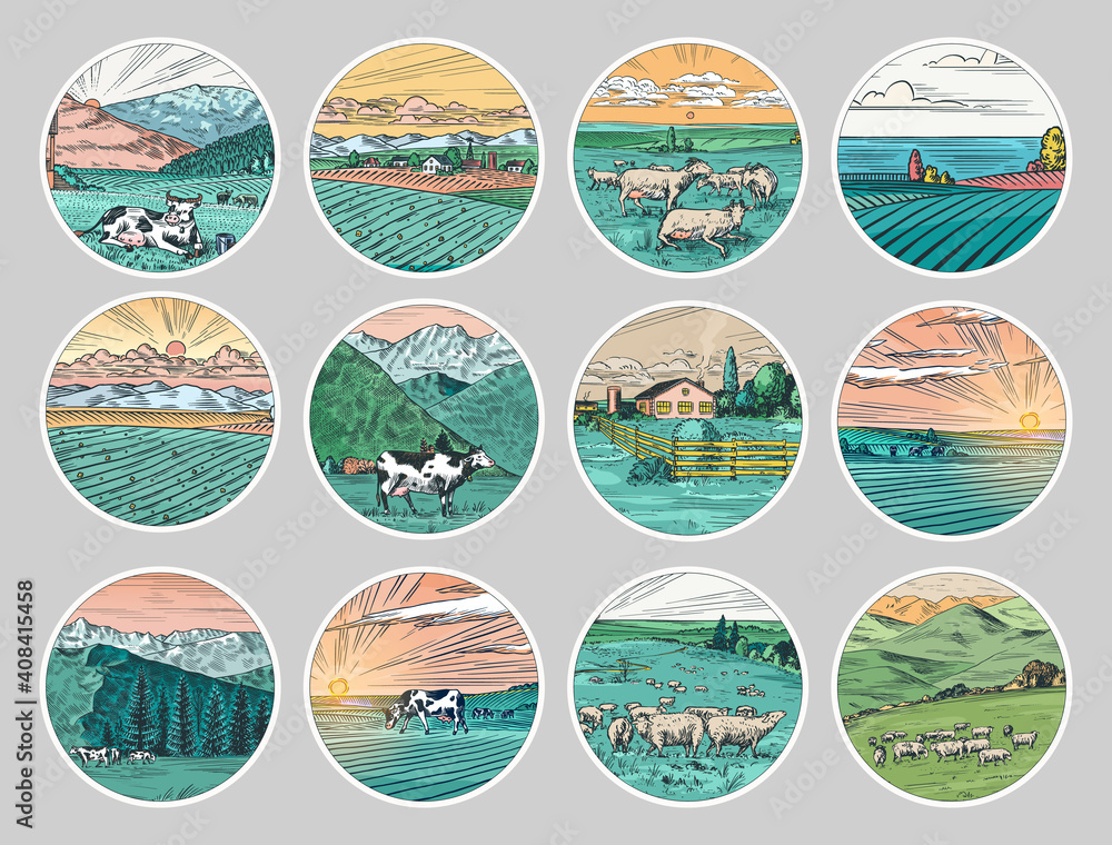 Sticker rural meadow stickers. a village landscape with cows, goats and lamb, hills and a farm. sunny scenic