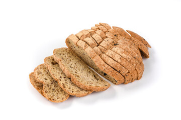 Sliced ketogenic bread made of oatmeal and coconut flour on a white background