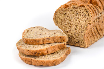 Sliced ketogenic bread made of oatmeal and coconut flour on a white background