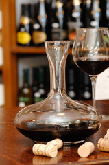 Piceno red wine called rosso Piceno into a decanter for wine oxygenation