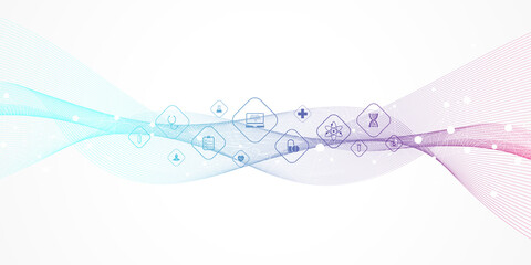 Abstract health care banner template with flat icons. Healthcare medicine concept. Medical innovation technology pharmacy banner. Vector illustration.